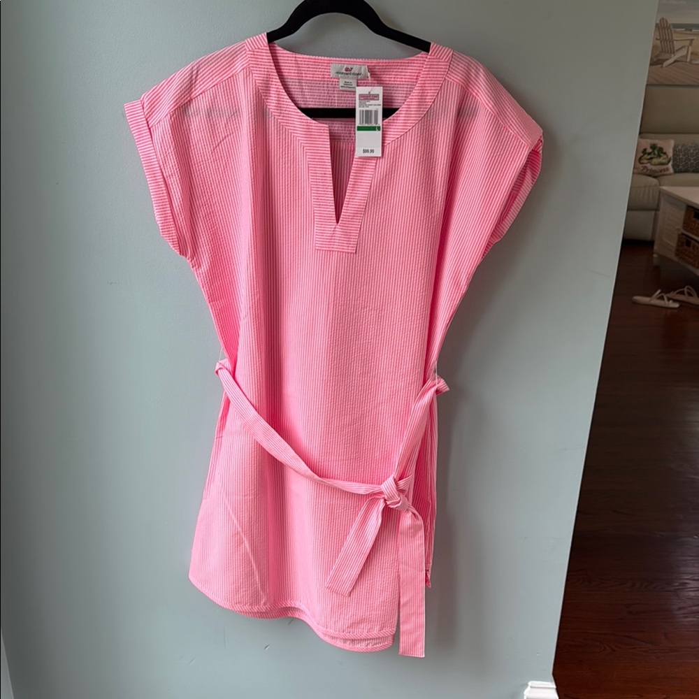 Vineyard Vines Coral Pink Tunic with Boxy Tie Front and Cap Sleeves